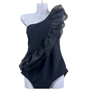 One Shoulder Black Ruffle Trim One Piece Swimsuit